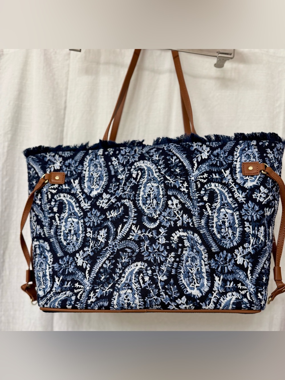 Spartina 449 Jetsetter Navy and Light Blue Paisley Embroidered Tote with Tassel - Picture 2 of 5